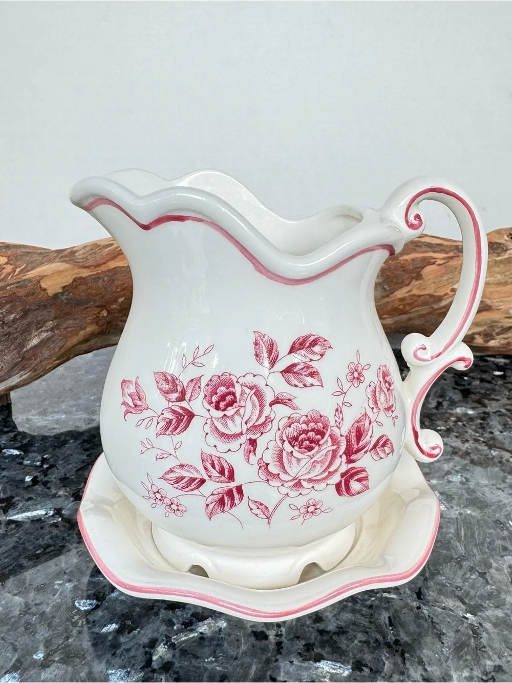 Vintage Small Pink & White Floral Planter, Pitcher & Saucer Style, 4.5” Tall